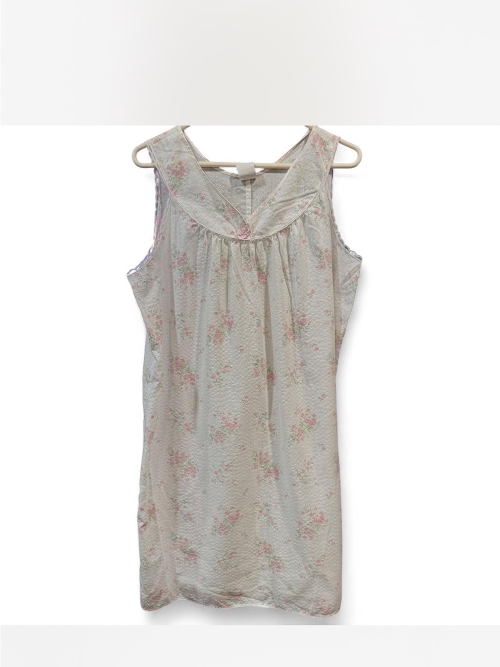 Vintage Sleeveless Cream Floral Nightdress Chemise with Pink Accents